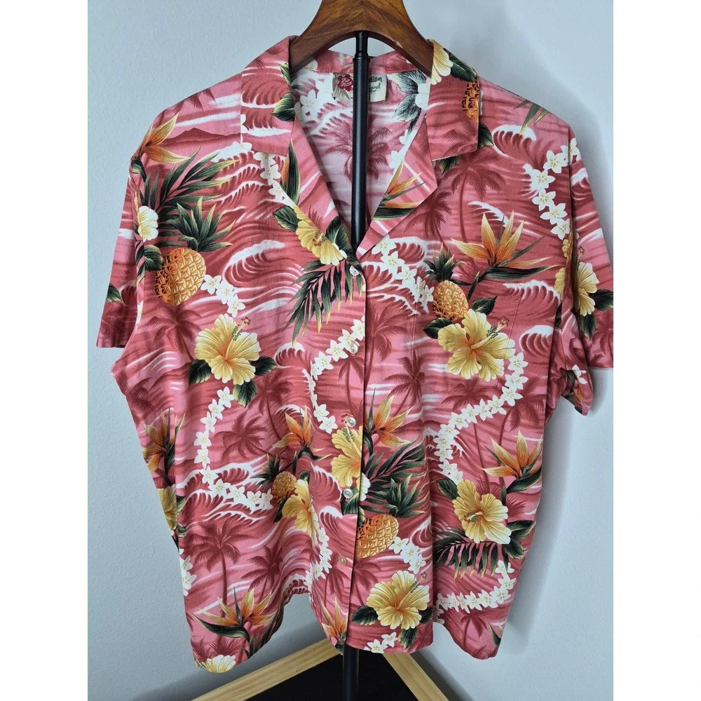 Hilo Hattie Vintage Hawaiian Shirt Mens Large Pink Pineapple Hibiscus Cotton